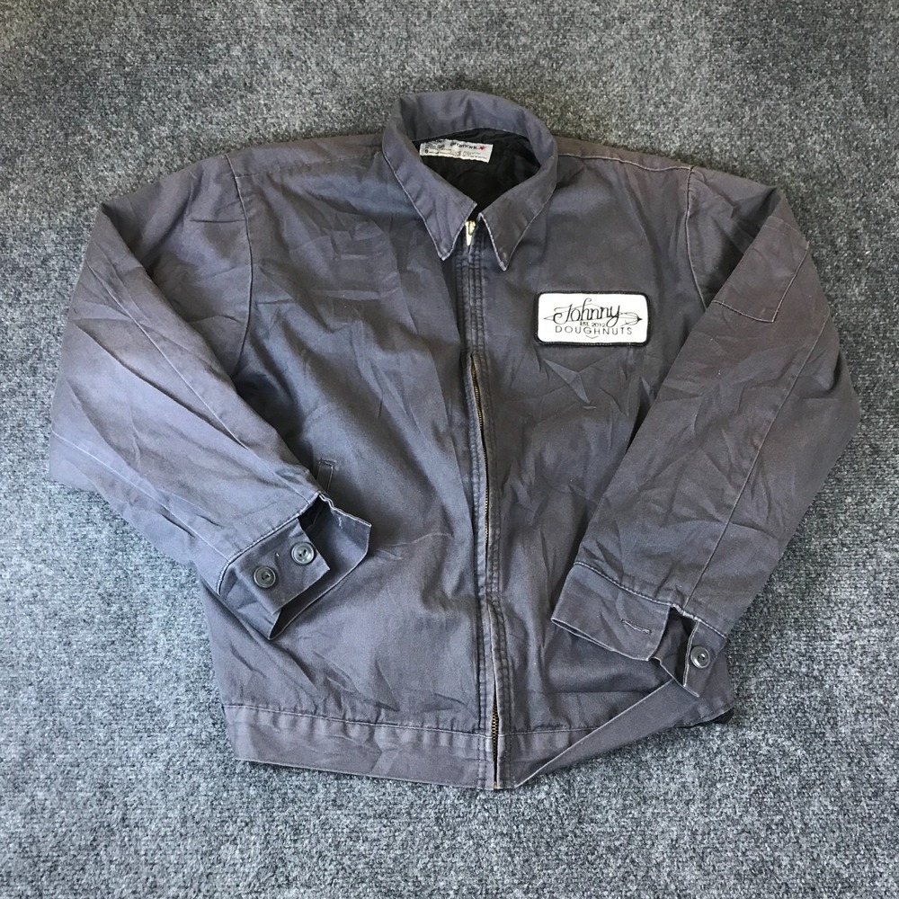 Aramark Johnny Doughnuts Designated Driver Work Jacket Mens L Gray Logo Fip READ